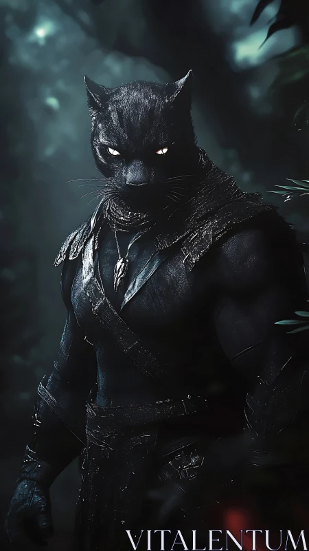 Armored black panther warrior standing in shadowed forest.
