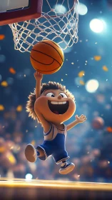 Cartoon child leaps toward basketball hoop with wide grin