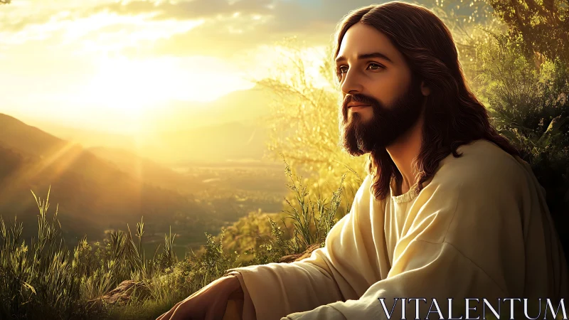 Bearded robed man sits in golden sunlight on hillside.