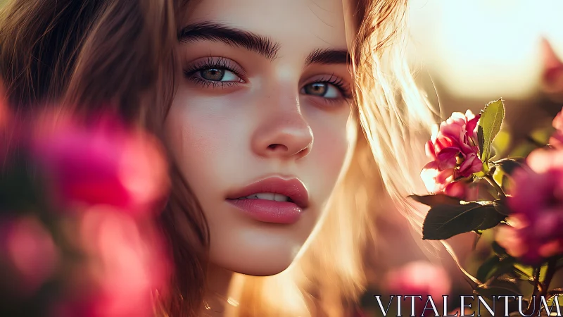 Close portrait of young woman framed by pink garden flowers.