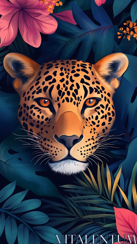 Leopard face emerges from lush tropical jungle foliage.