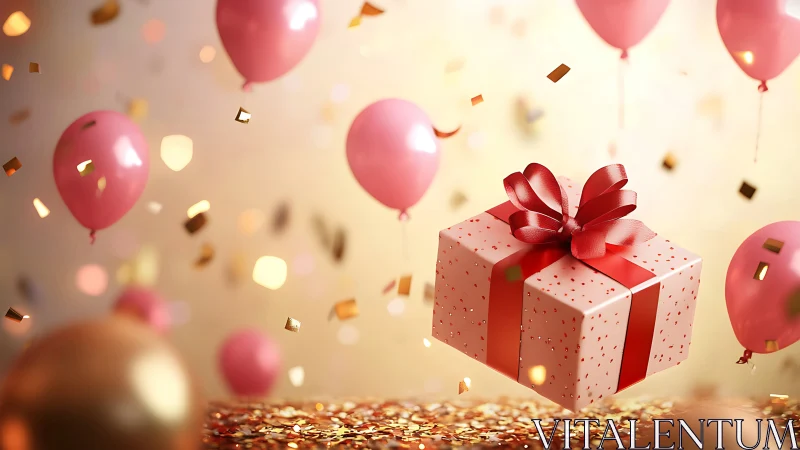 Suspended Gift Box With Balloons and Confetti Scene.