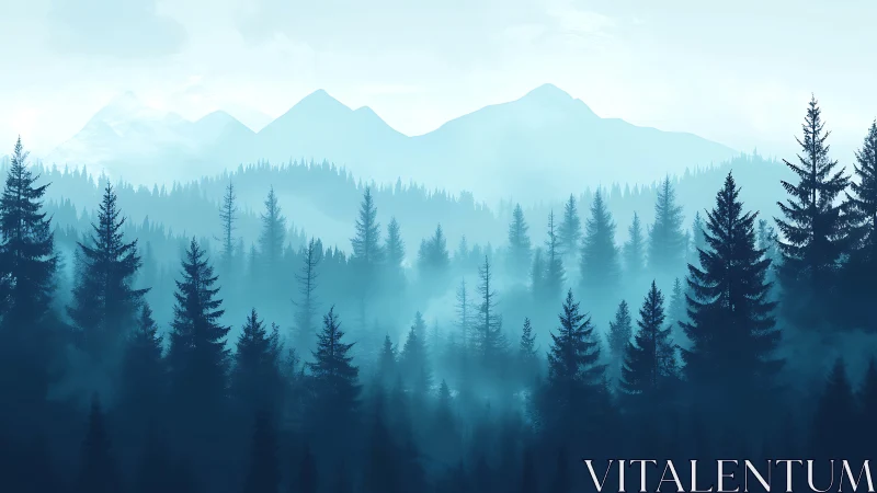 Misty Mountain Landscape with Layered Coniferous Forest
