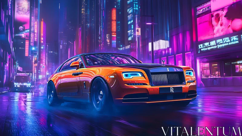 Neon city royalty: orange luxury coupe cruising midnight streets.