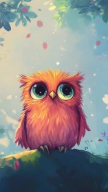 Bright-eyed baby owl waits quietly on a sunlit forest hill