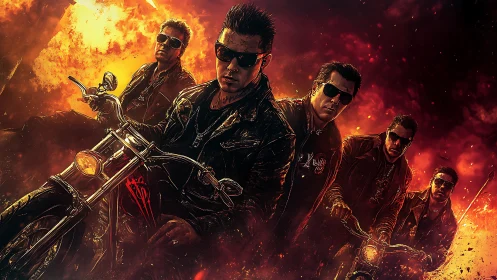 Biker gang rides through fiery, dramatic urban inferno.