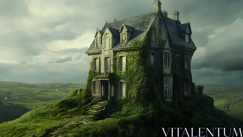 Ivy-clad manor crowns lonely hill under stormy sky.