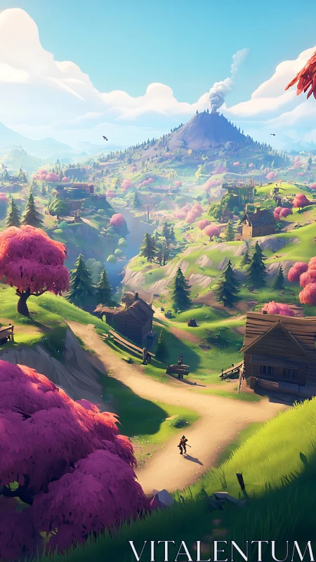 Gentle valley village welcomes a lone traveler at sunrise