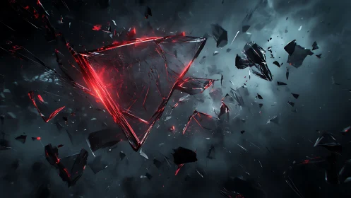 Shattered red triangular prism fractures through dark nebula space