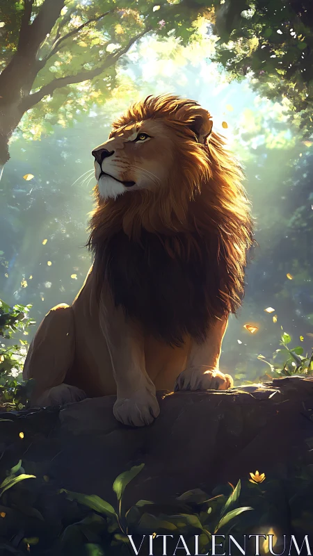 Majestic lion commands sunlit forest vantage point