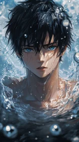 Male anime swimmer emerges from water with wet black hair