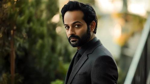 Quiet confidence in a charcoal suit beneath soft light.