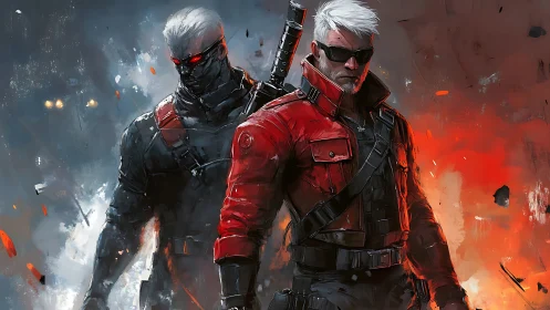 Cybernetic warriors stride through fire and frost-torn chaos.