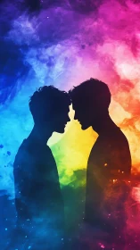 Silhouetted Couple Kissing Against Vibrant Rainbow Smoke.
