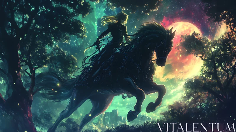 Lone rider silhouettes against neon moonlit enchanted forest.