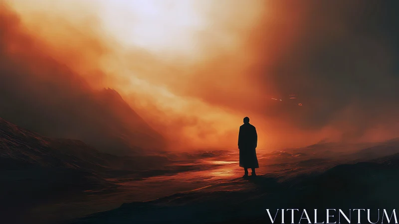 Solitary figure walks through a fiery, mist-filled wasteland.