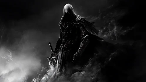 Hooded dark warrior emerges from swirling shadow mist