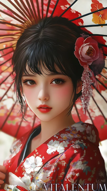 Digital portrait of kimono girl under red floral umbrella.