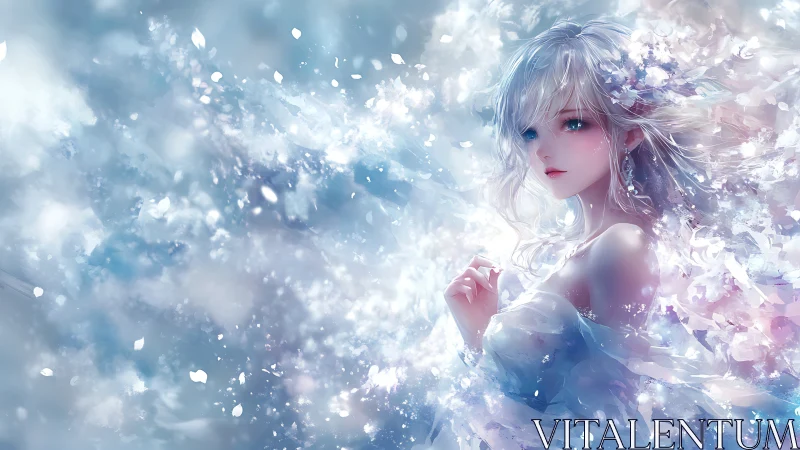 Gentle ice princess drifting through shimmering winter light.