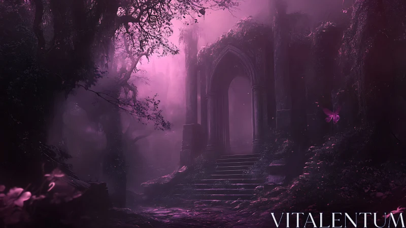 Mystic violet ruin beneath enchanted forest light portal.