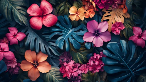 Volumetric Tropical Flora: Digital 3D Composite with Monstera and Hibiscus Rendering