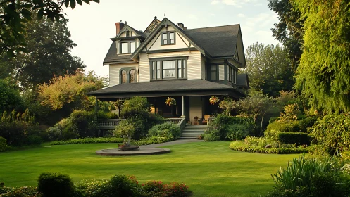 Victorian house stands amid sculpted lawns and lush gardens.