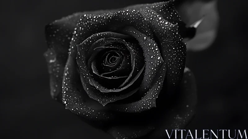 Monochrome macro study of dew covered black rose petals.