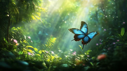 Blue butterfly in lush sunlit forest clearing in flight.