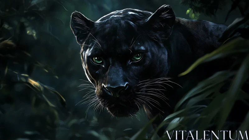 Black Panther Portrait with Luminescent Eyes in Jungle Setting
