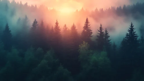 Misty forest sunrise with towering evergreens bathed in golden light.