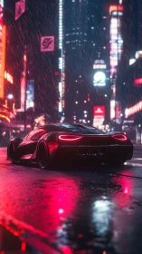 Futuristic supercar glides through neon rain on soaked avenue