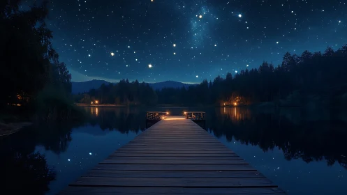 Wooden pier on calm lake under deep starry night sky.