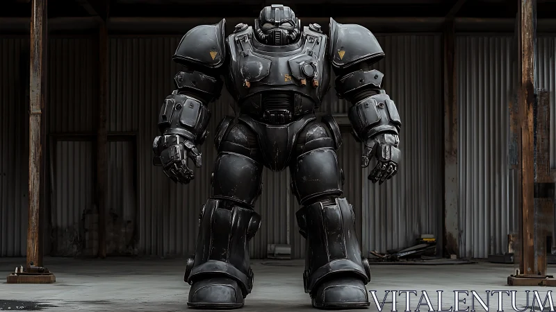Heavily armored black mech suit stands inside abandoned hangar
