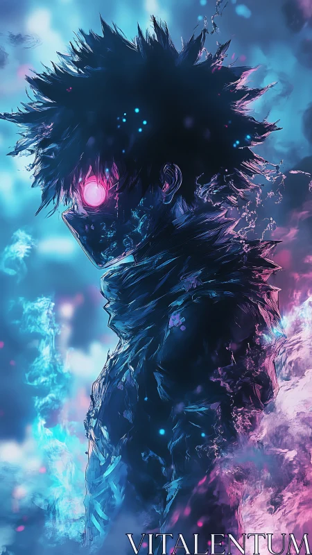 Masked neon cyber silhouette in blue and pink light.