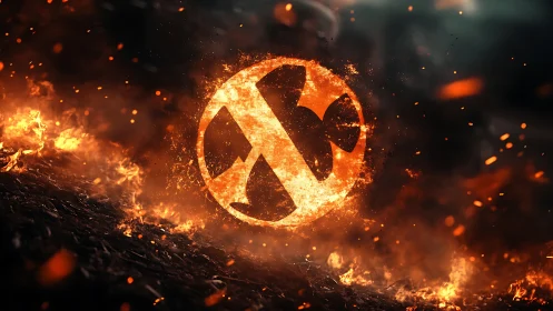 Incandescent Radioactive Symbol Engulfed in Pyrogenic Particle Dynamics.
