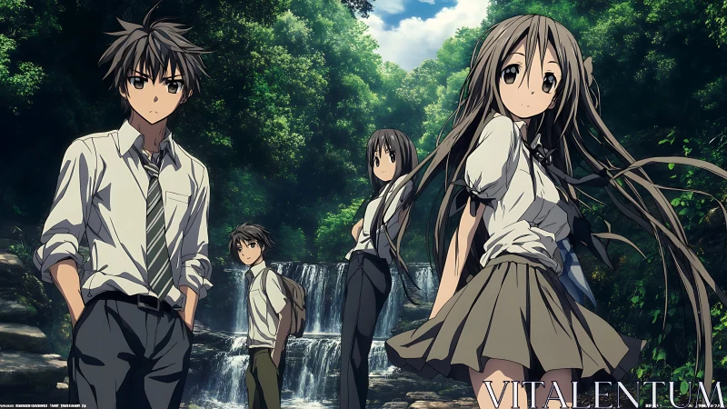 Anime students stand before layered forest waterfall in dense light
