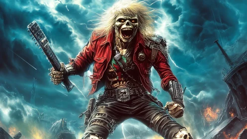 Undead metal warrior strides through apocalyptic stormscape.