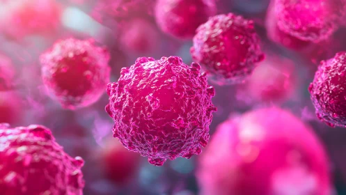 Microscopic View of Cancer Cells in Vivid Pink Digital Art Style.