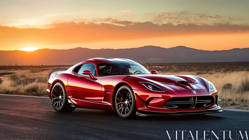 Red performance coupé on rural highway at sunset horizon.