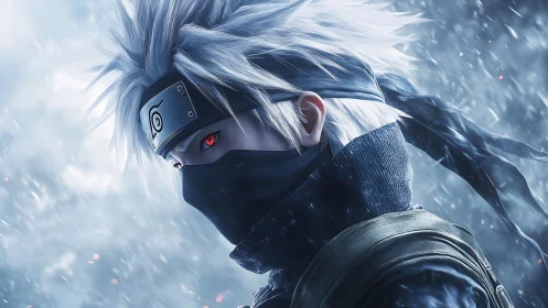 Masked silver-haired ninja stands in digital snowstorm