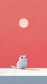 Cute white 3D cat gazes at a pastel sun in pink minimalism