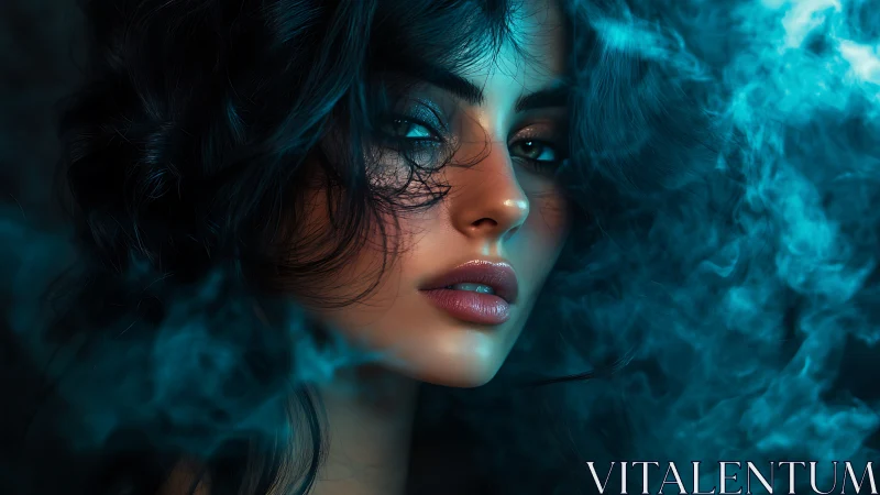 Woman’s illuminated face emerges sharply from swirling blue smoke