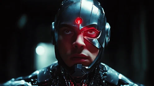 Cyborg portrait with illuminated ocular implant in noir lighting