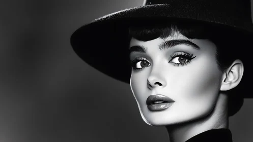 Monochrome female portrait with wide hat in profile view.