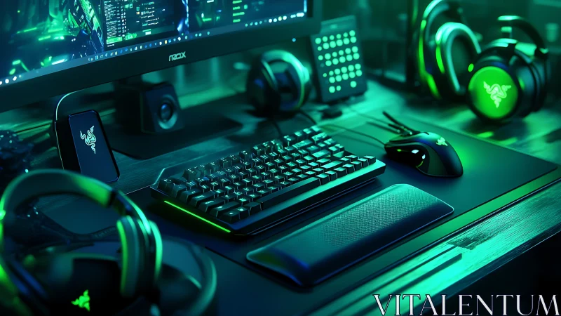 Neon gaming battlestation glows with sleek focused energy