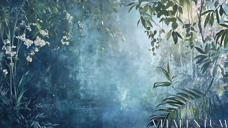 Lush botanical foliage on misted teal textured backdrop.