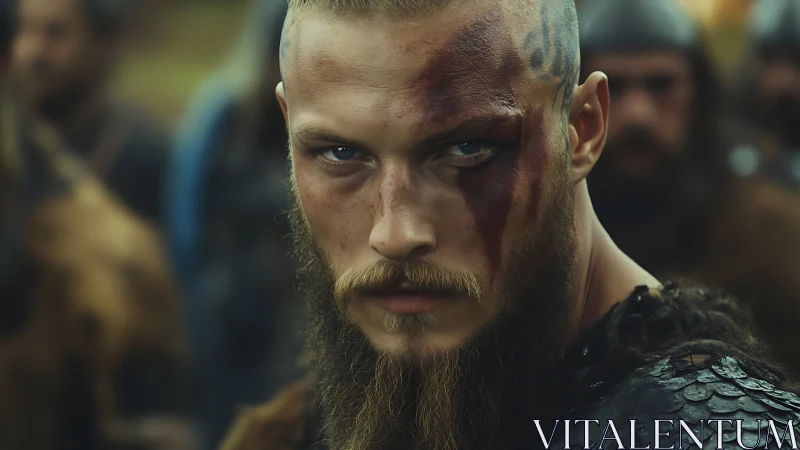 Photorealistic Viking warrior portrait with cinematic close-up framing.
