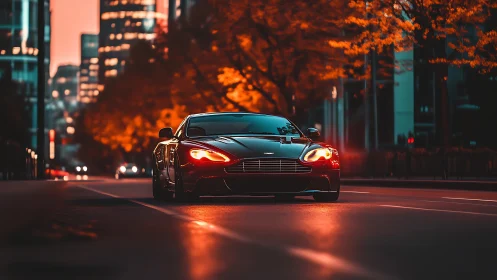 Sport coupe cruises city street under warm dusk glow.