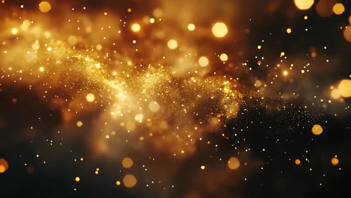 Glittering golden particle stream drifting through darkness.
