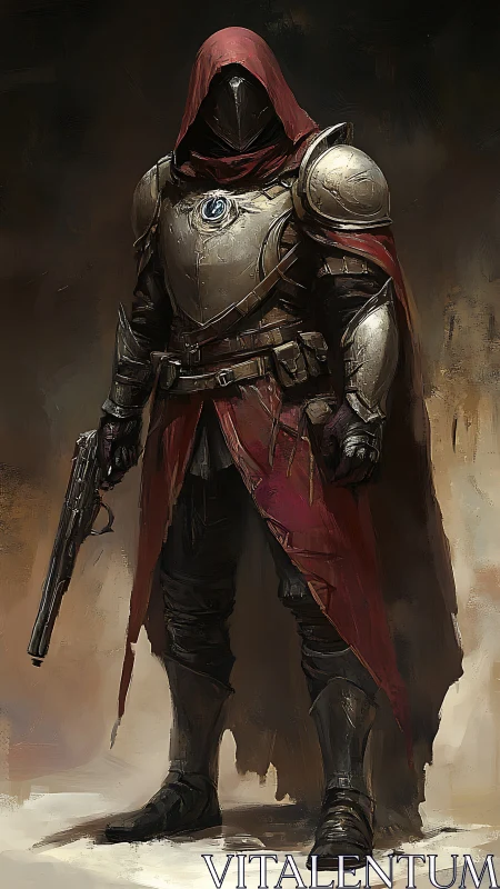 Hooded armored gunfighter stands in worn red cloak